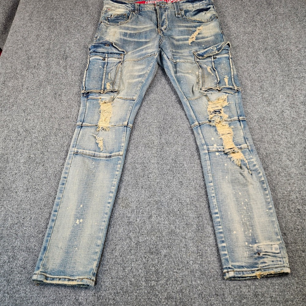 Smugglers Moon Distressed Moto‎ Cargo Jeans Mens 36x32 Blue Light Wash Slim Fit